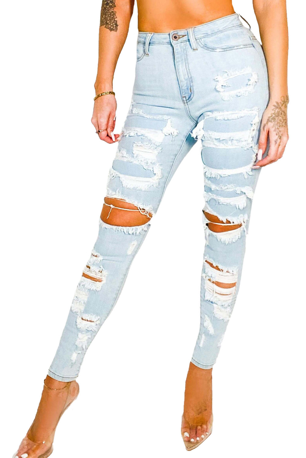 US$9.9 Light Blue Distressed High Waisted Skinny Jeans Wholesale - www ...