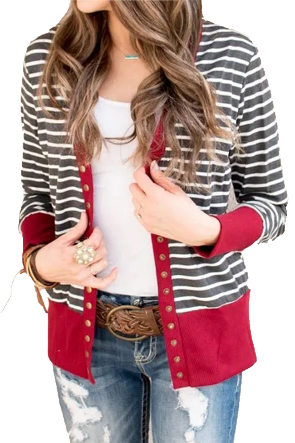 red snap cardigan