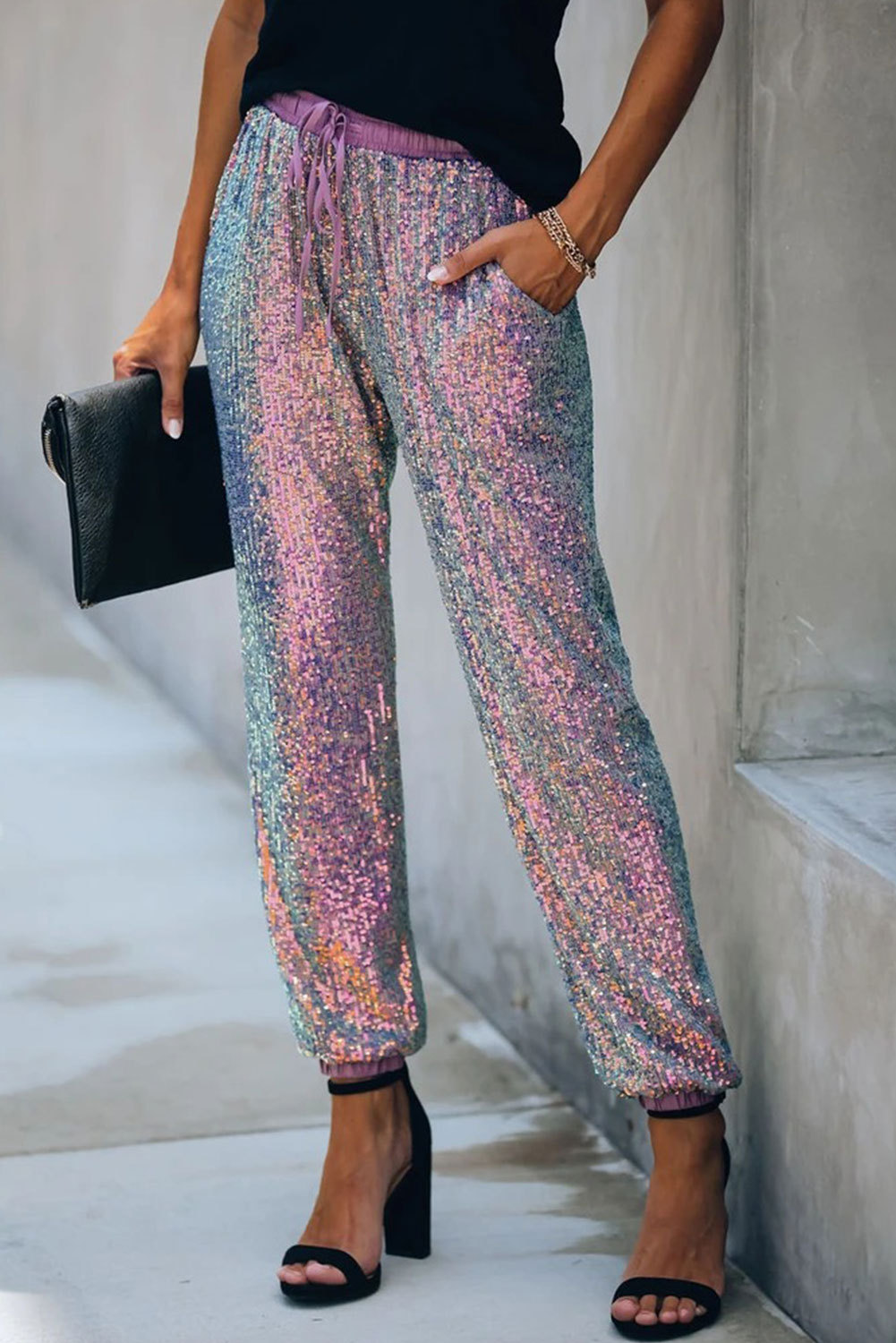 US$9.9 Multicolor Pocketed Sequin Joggers Wholesale - www.dear-lover.com