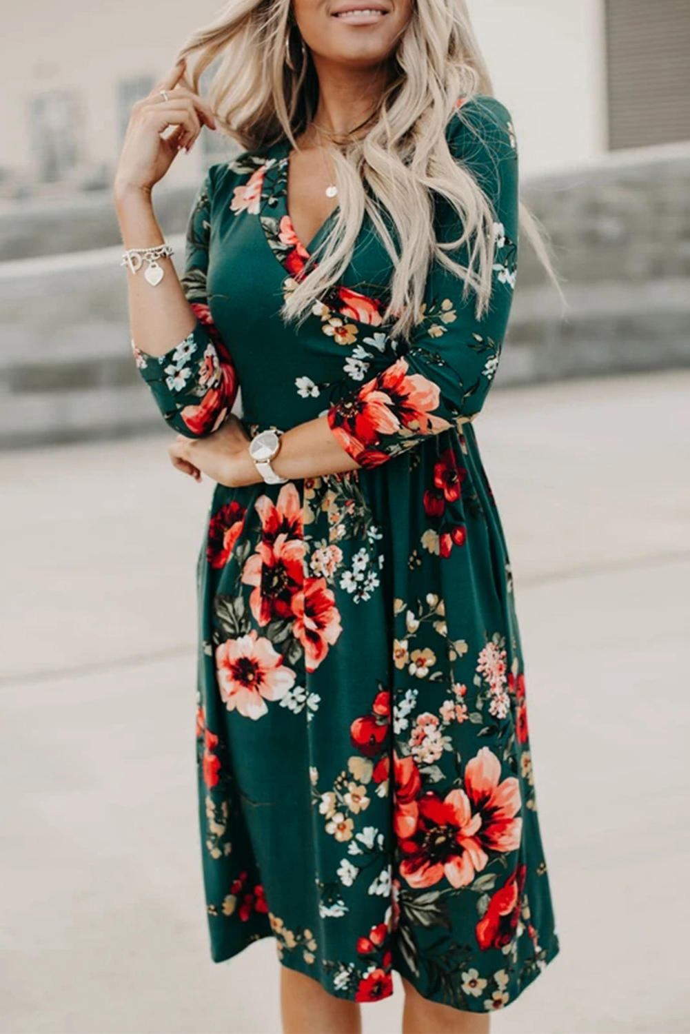 Green Floral 3/4 Sleeve Wrap Dress - (US 4-6)S