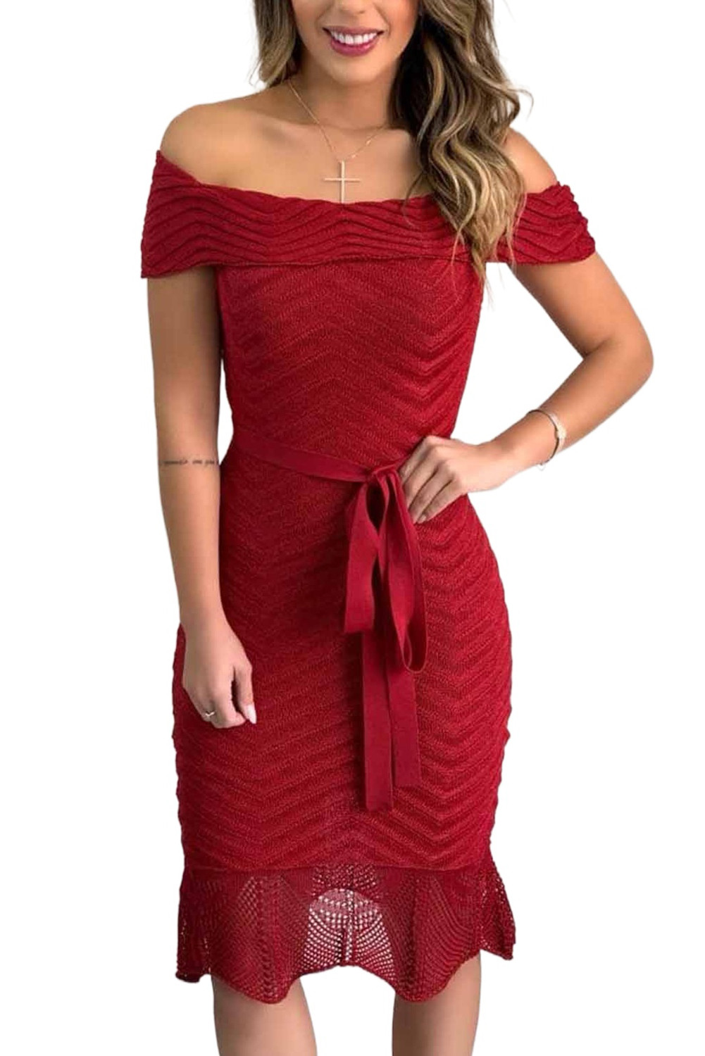 US9.9 Red Off Shoulder Thread Lace Belt Evening Dress Wholesale Online