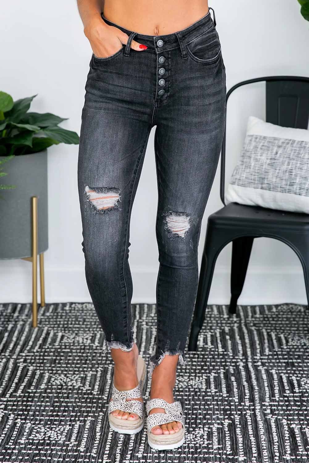 US9.9 Black Distressed Frayed Hemline Button Skinny Jeans Wholesale