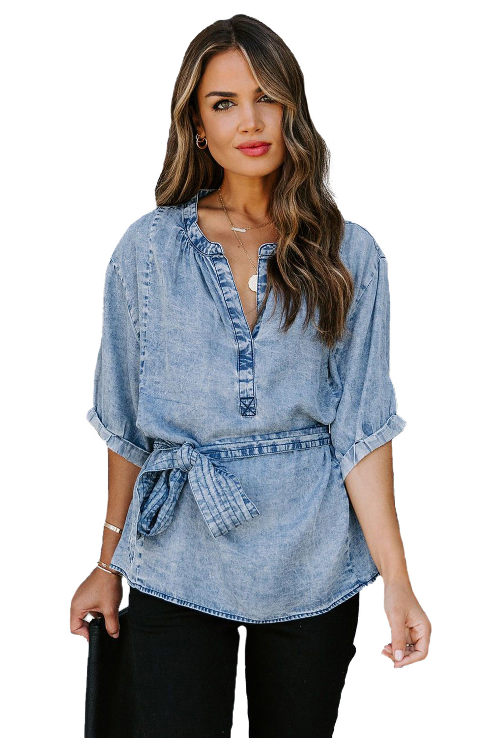 light blue v neck tee