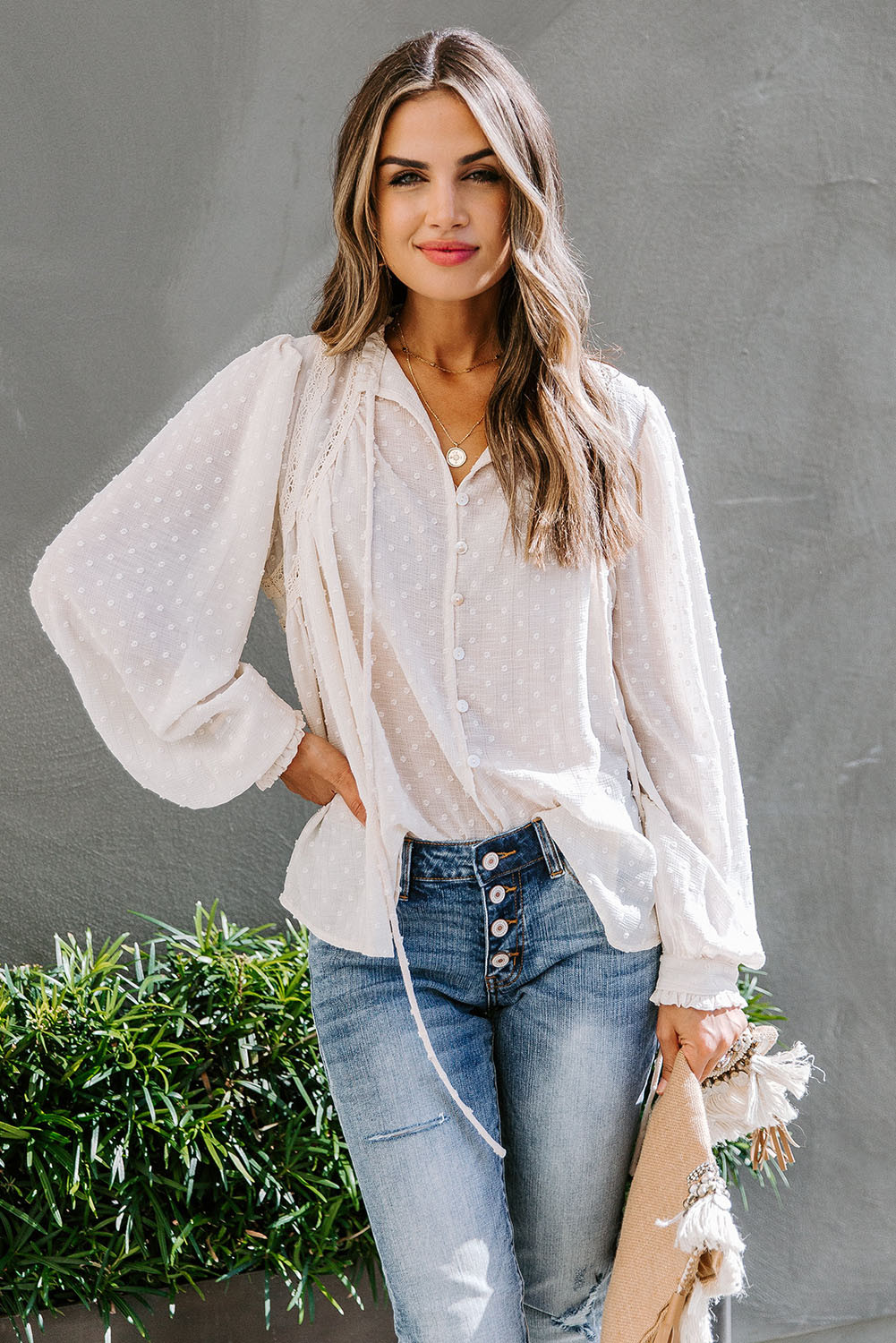 white woven balloon sleeve shirt