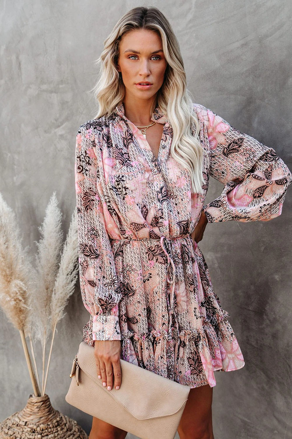 US$9.9 Pink Floral Printed Long Sleeves Flowy Shirt Dress with Waist ...