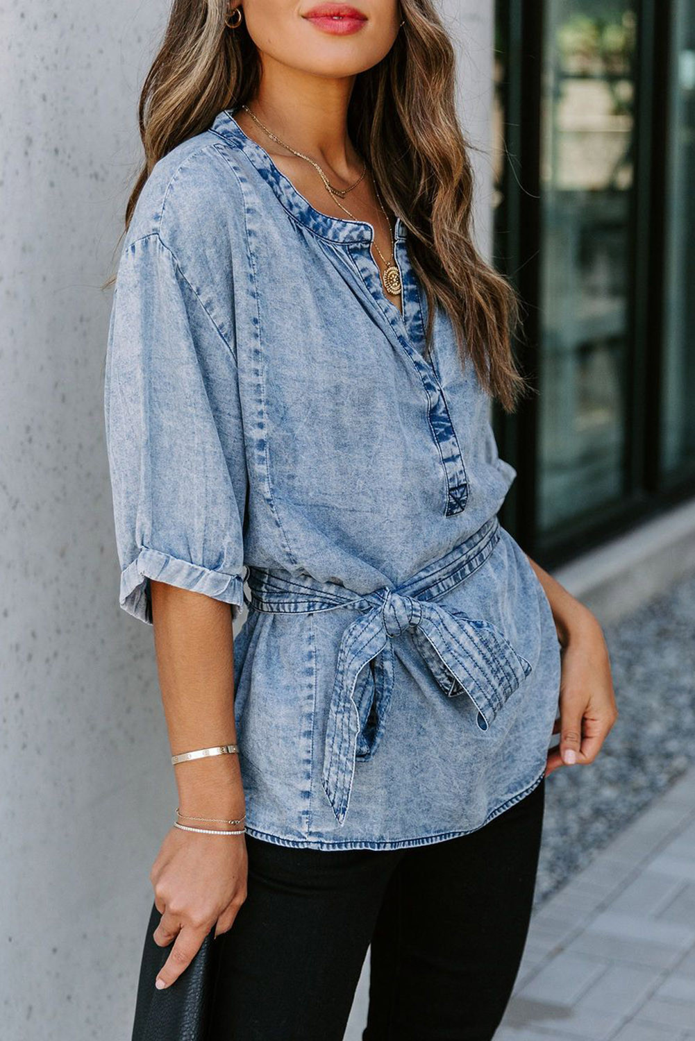 light blue v neck top
