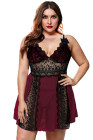 Red Color Block Hollow-out Lace Gauze Patchwork Plus Size Babydoll