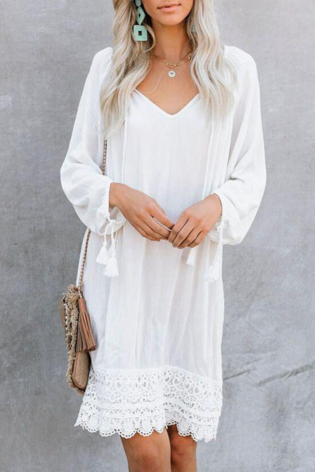 US$8.98 White Lace V Neck Bishop Sleeves Shift Dress Wholesale - www ...