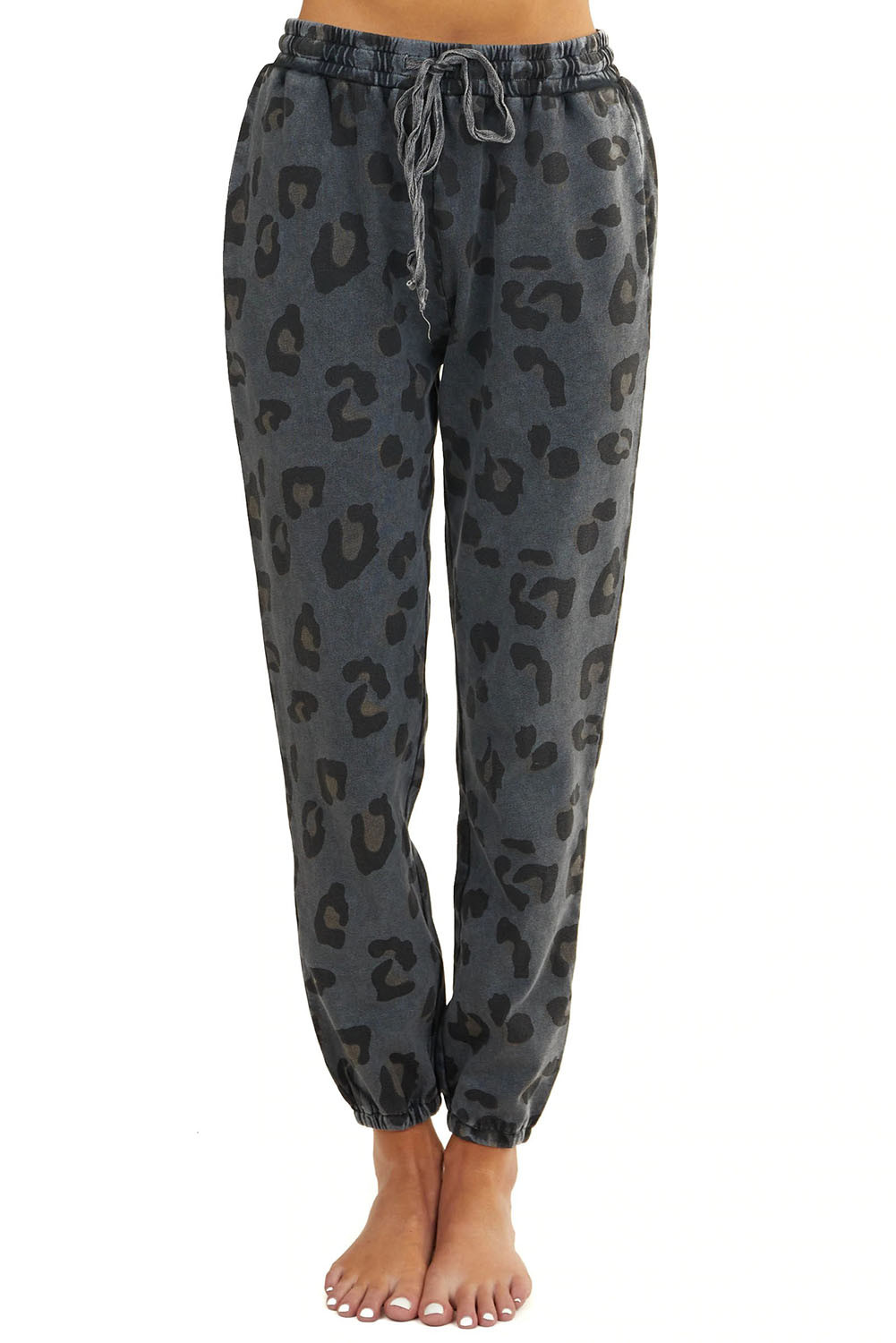 US$6.4 Gray Leopard Print Joggers with Drawstring Waist Wholesale Online