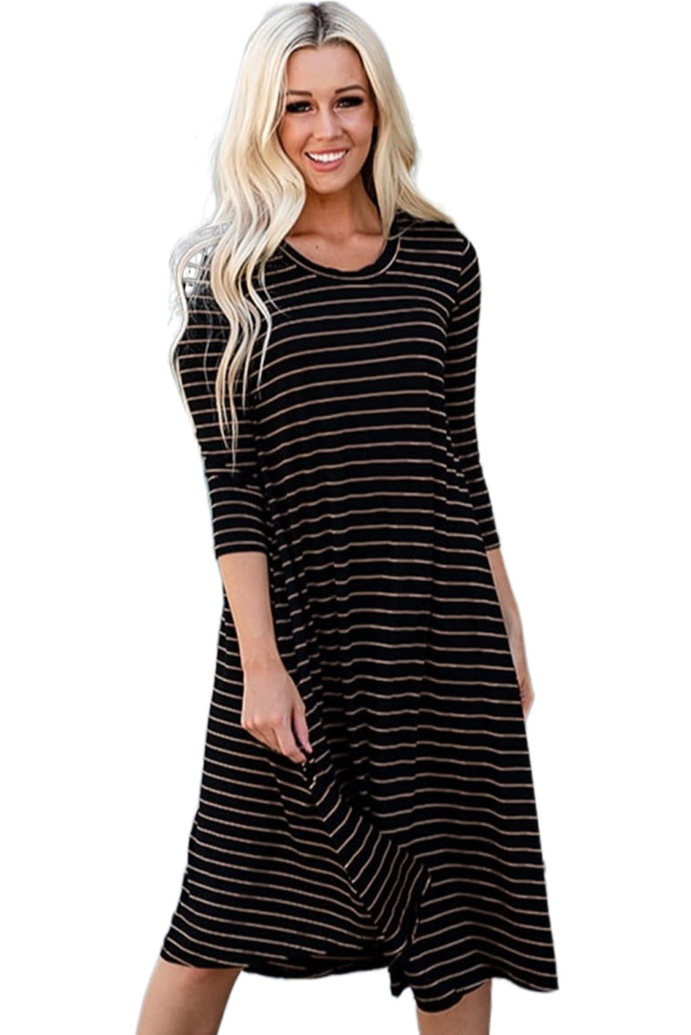 US$7.98 Black Striped 3/4 Sleeve Midi Dress Wholesale - www.dear-lover.com