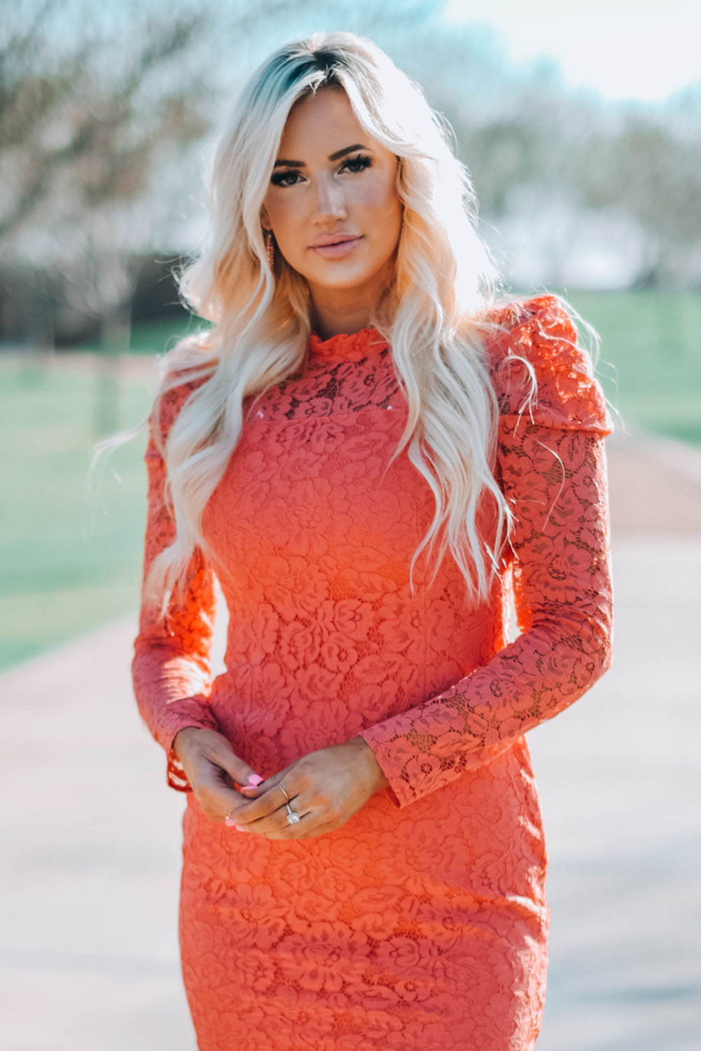 US$8.8 Orange Lace Crochet Ruffle Crew Neck Long Sleeve Bodycon Mini