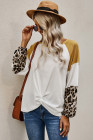 Leopard Long Sleeve Waffle Knit White Blouse with Twist Knot