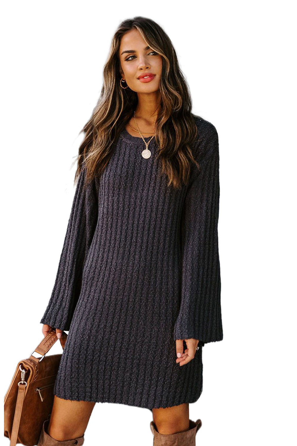 US$10.98 Dark Blue Flared Sleeve Sweater Dress Wholesale Online