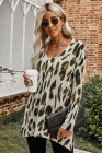 V Neck Leopard Knit Tunic Sweater with Slits