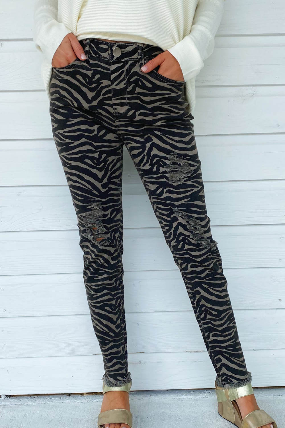 US$9.9 Black Zebra Print Distressed Skinny Jeans Wholesale - www.dear-lover.com