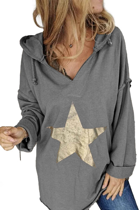US$7.98 Gray Star Print Drop-shoulder Sleeve Hoodie Wholesale Online