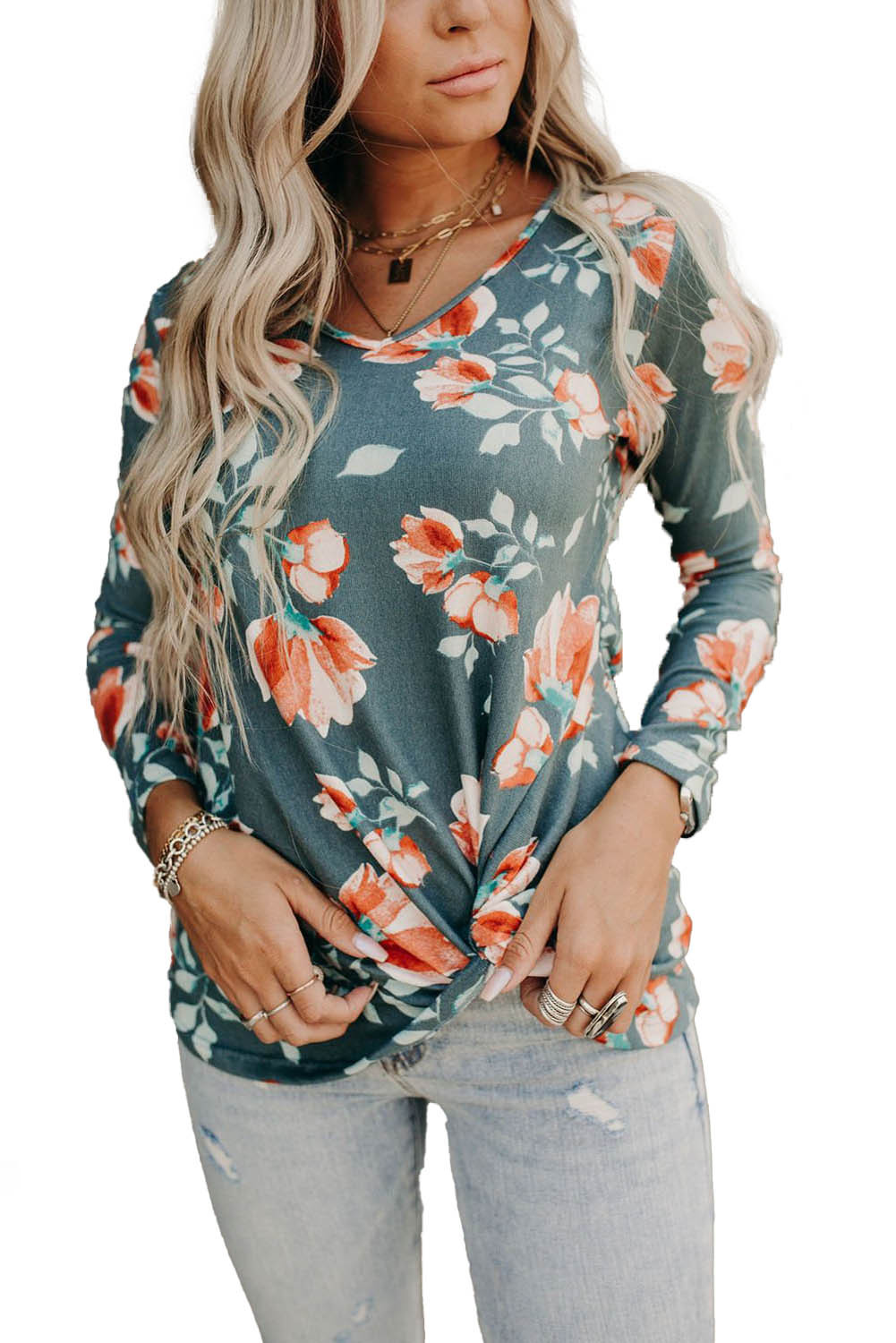 US$6.4 Twist Hem Floral Long Sleeve Top Wholesale - www.dear-lover.com