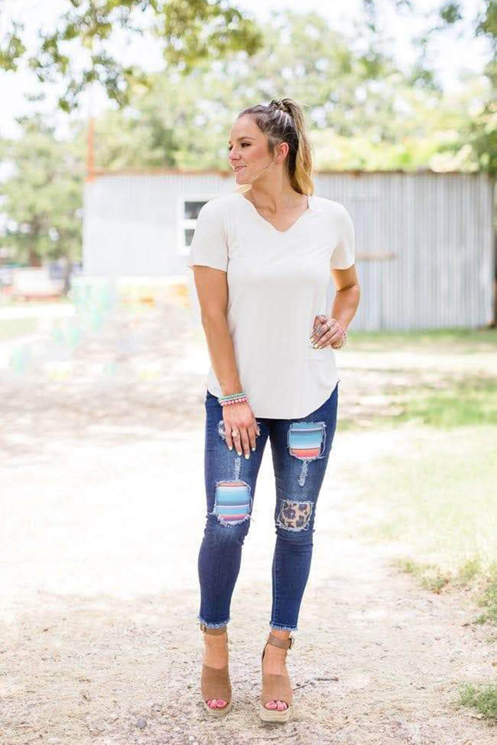 leopard patch distressed jeans