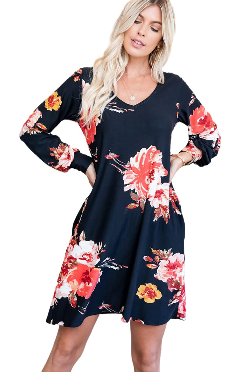 US$8.8 Black V Neck Long Sleeve Pocket Floral Dress Wholesale Online