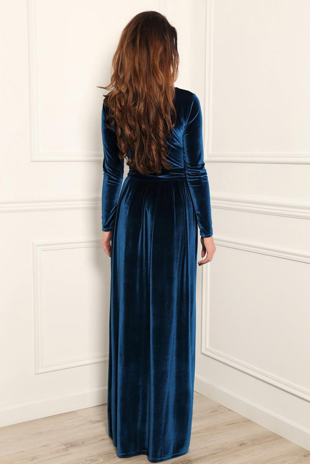 US11.98 Dark Blue Velvet Round Neck High Split Long Sleeves Maxi Dress