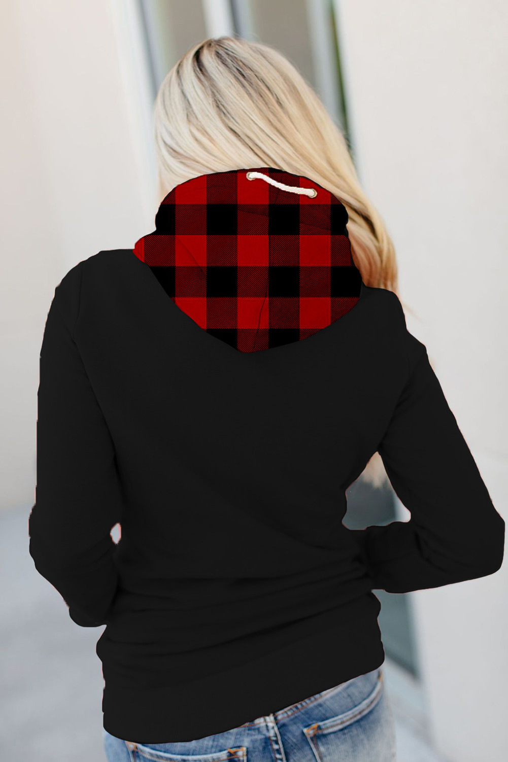 plaid panel kangaroo pocket hoodie