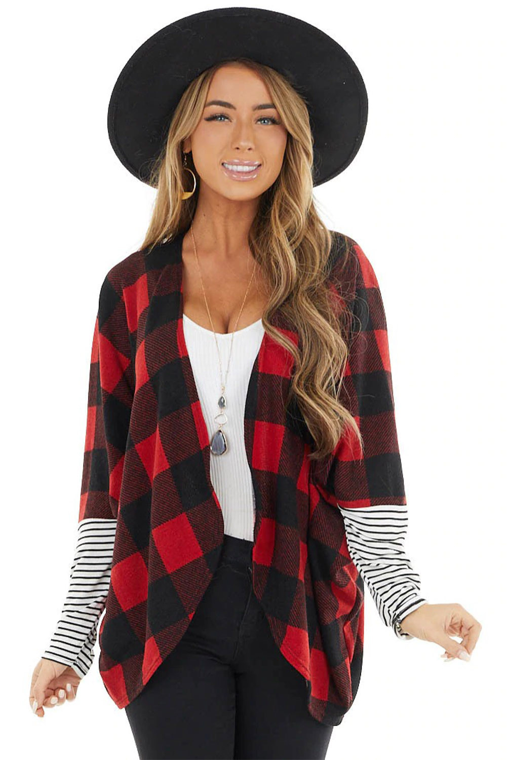 US$8.8 Red Buffalo Plaid Open Cardigan With Striped Sleeves Wholesale ...