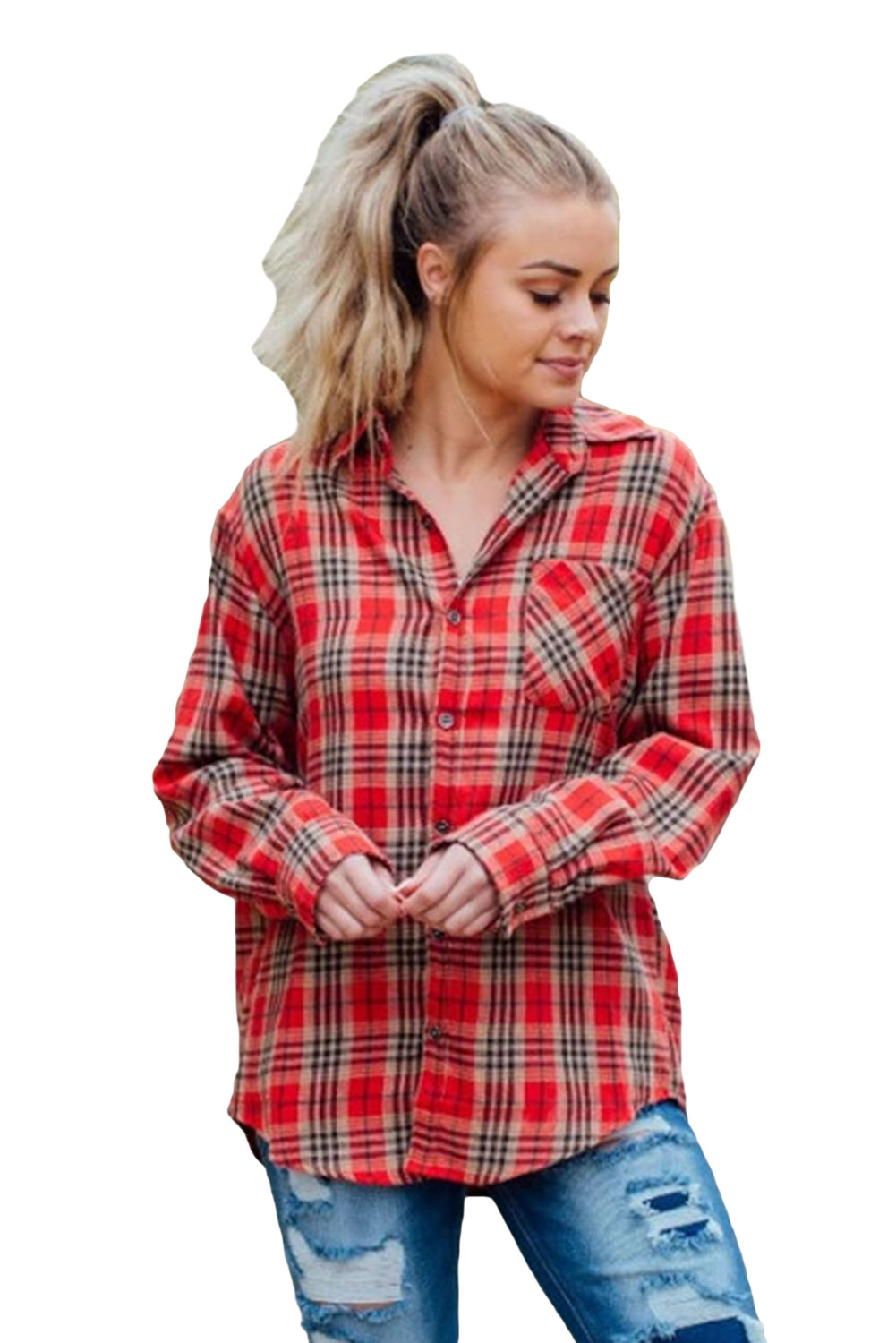 red plaid button up