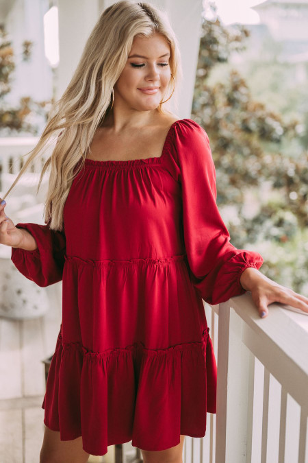 US$8.8 Red Long Sleeve Ruffle Tiered Babydoll Mini Dress Wholesale ...