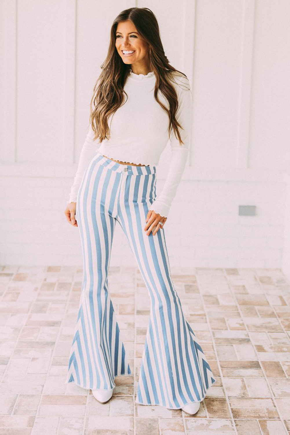 US9.9 Light Blue Striped Flared Pants Wholesale