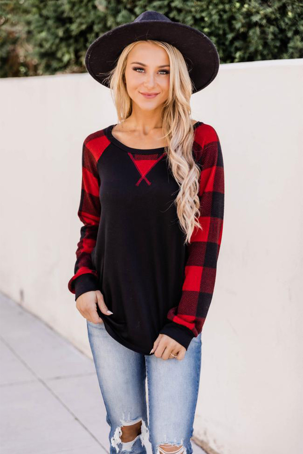 raglan with buffalo plaid sleeves