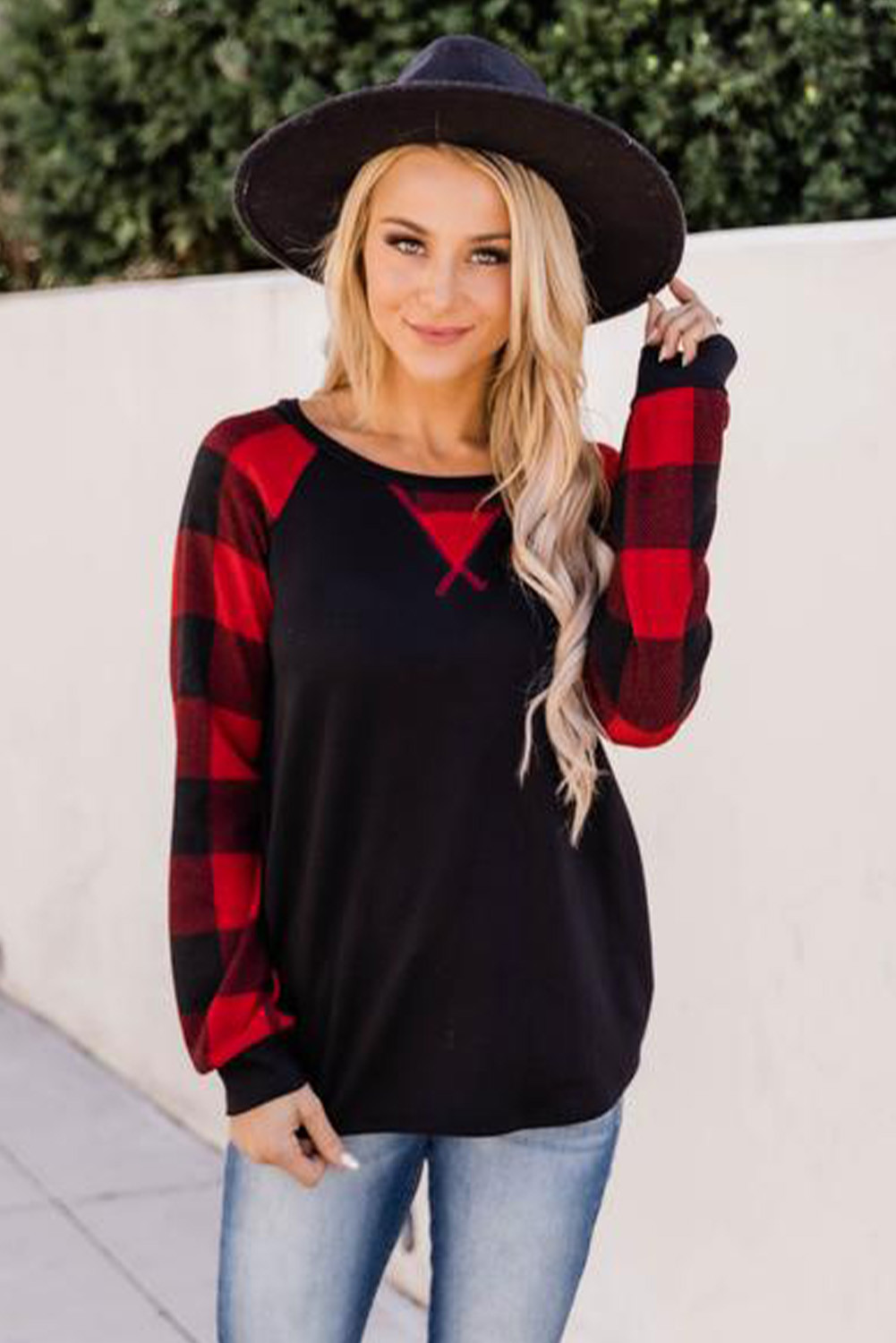 raglan with buffalo plaid sleeves