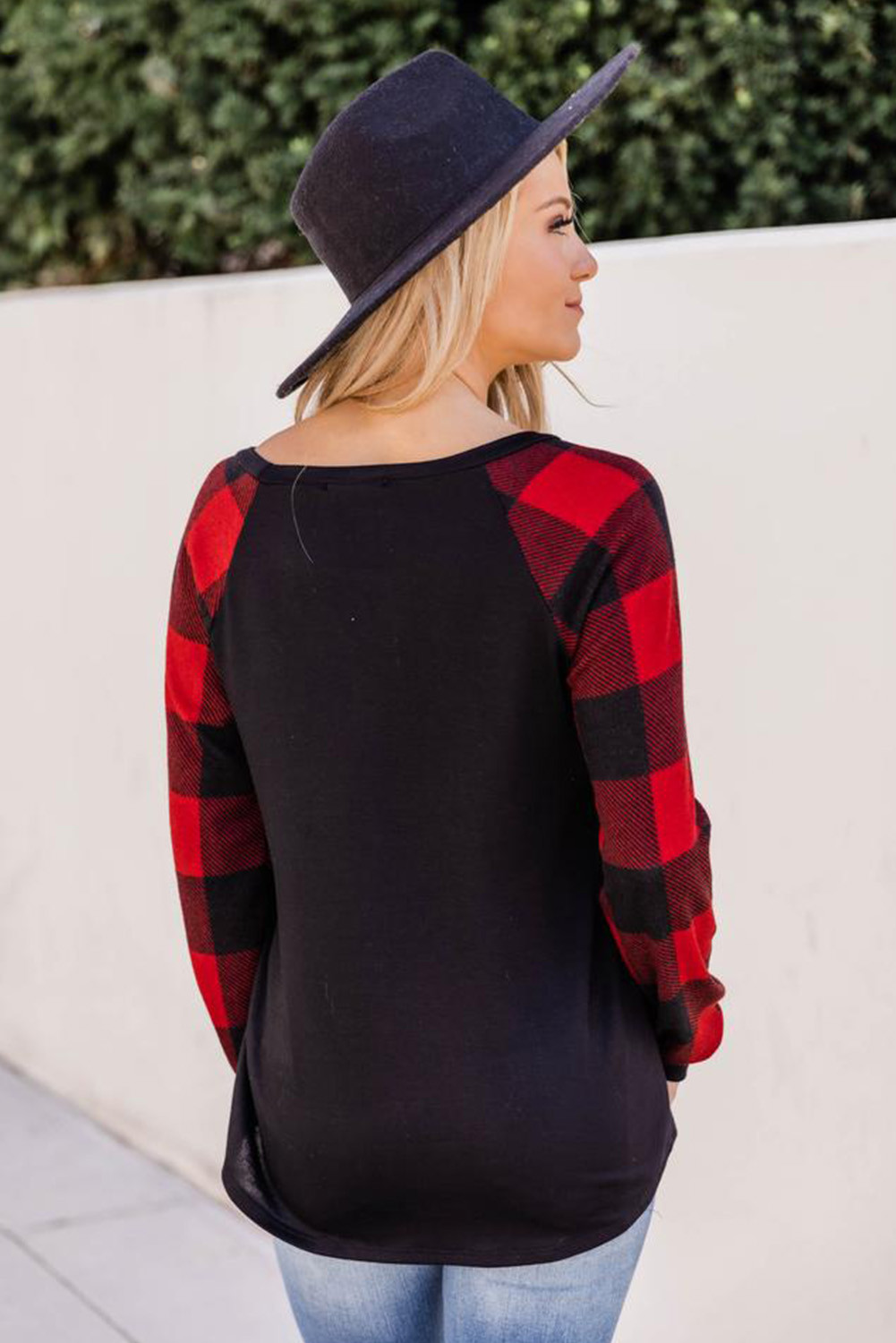 raglan with buffalo plaid sleeves