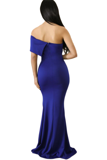 Demure Blue Off The Shoulder One Sleeve Slit Maxi Party Prom Dress