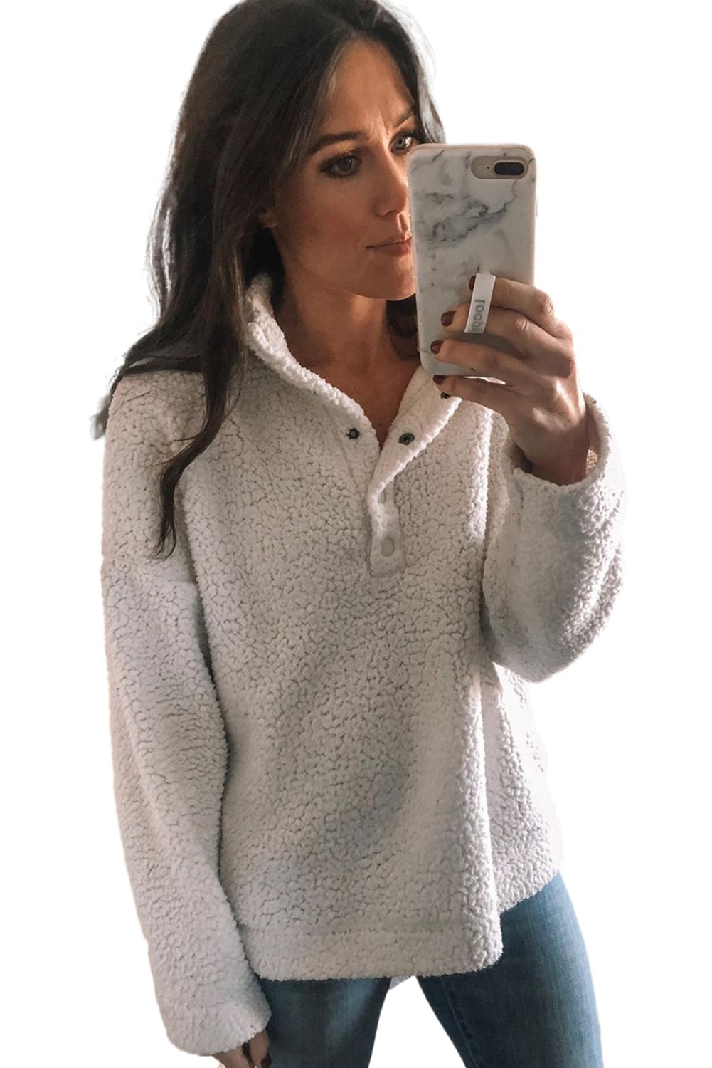 US8.8 White High Neck Sherpa Pullover Sweatshirt Wholesale www.dear