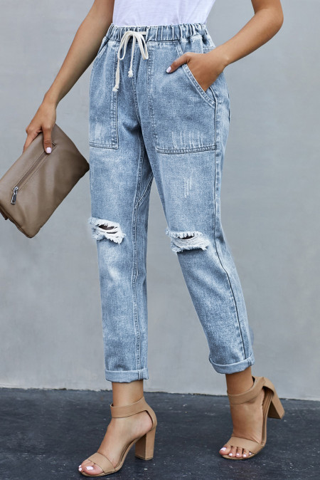 distressed pocketed denim joggers