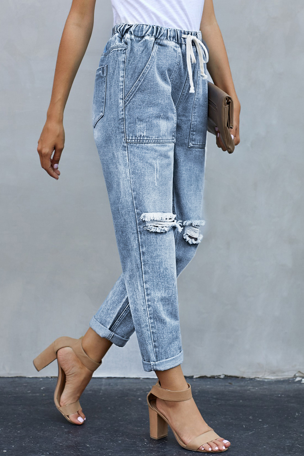 US$12.6 Sky Blue Gather Round Distressed Pocketed Denim Jogger Wholesale - www.dear-lover.com
