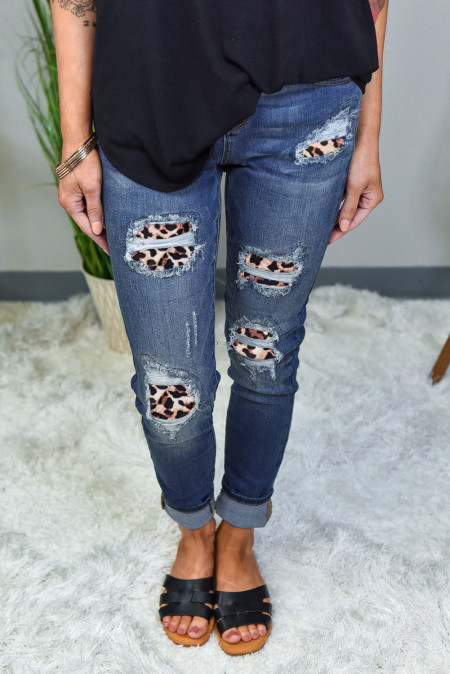 leopard patch distressed jeans