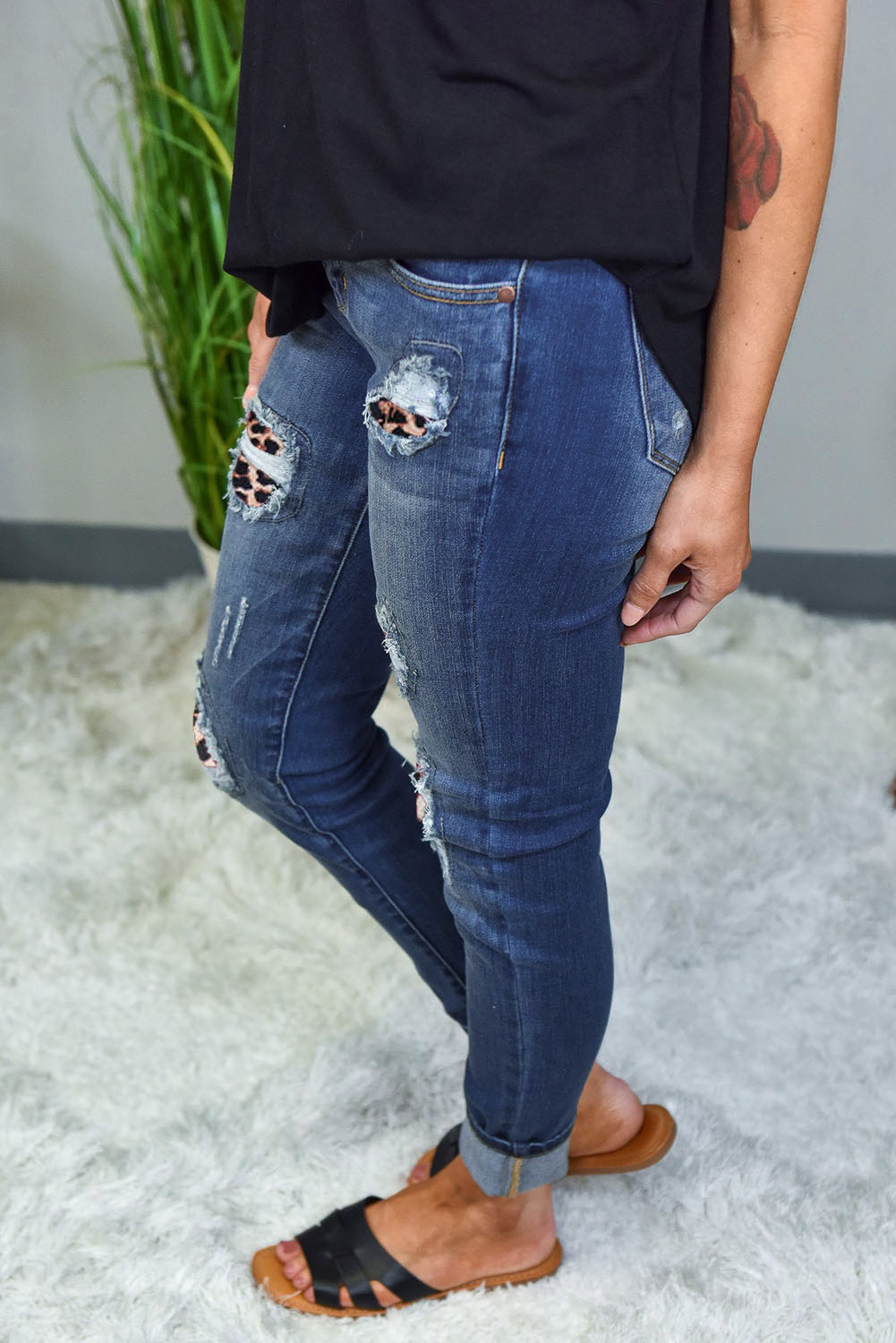 leopard patch distressed jeans