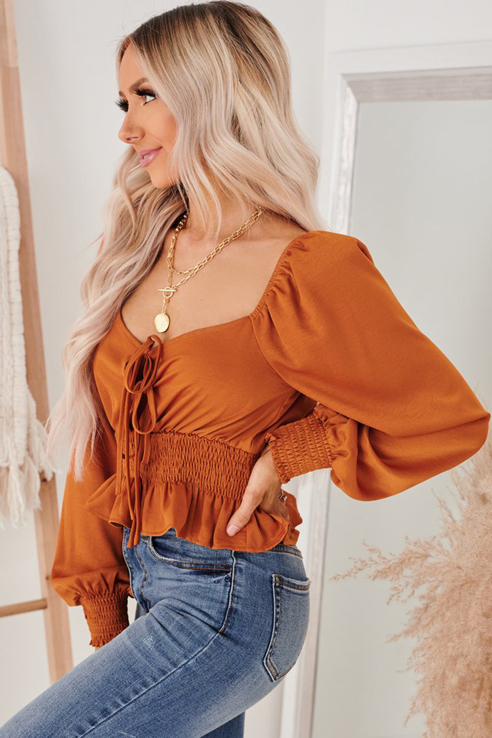 US6.98 Long Sleeve Elastic Waist Crop Top Wholesale