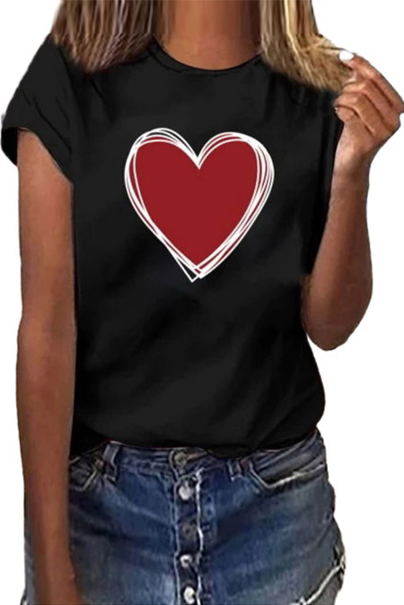 US$4.98 Black Heart Print Crew Neck T-shirt Wholesale - www.dear-lover.com