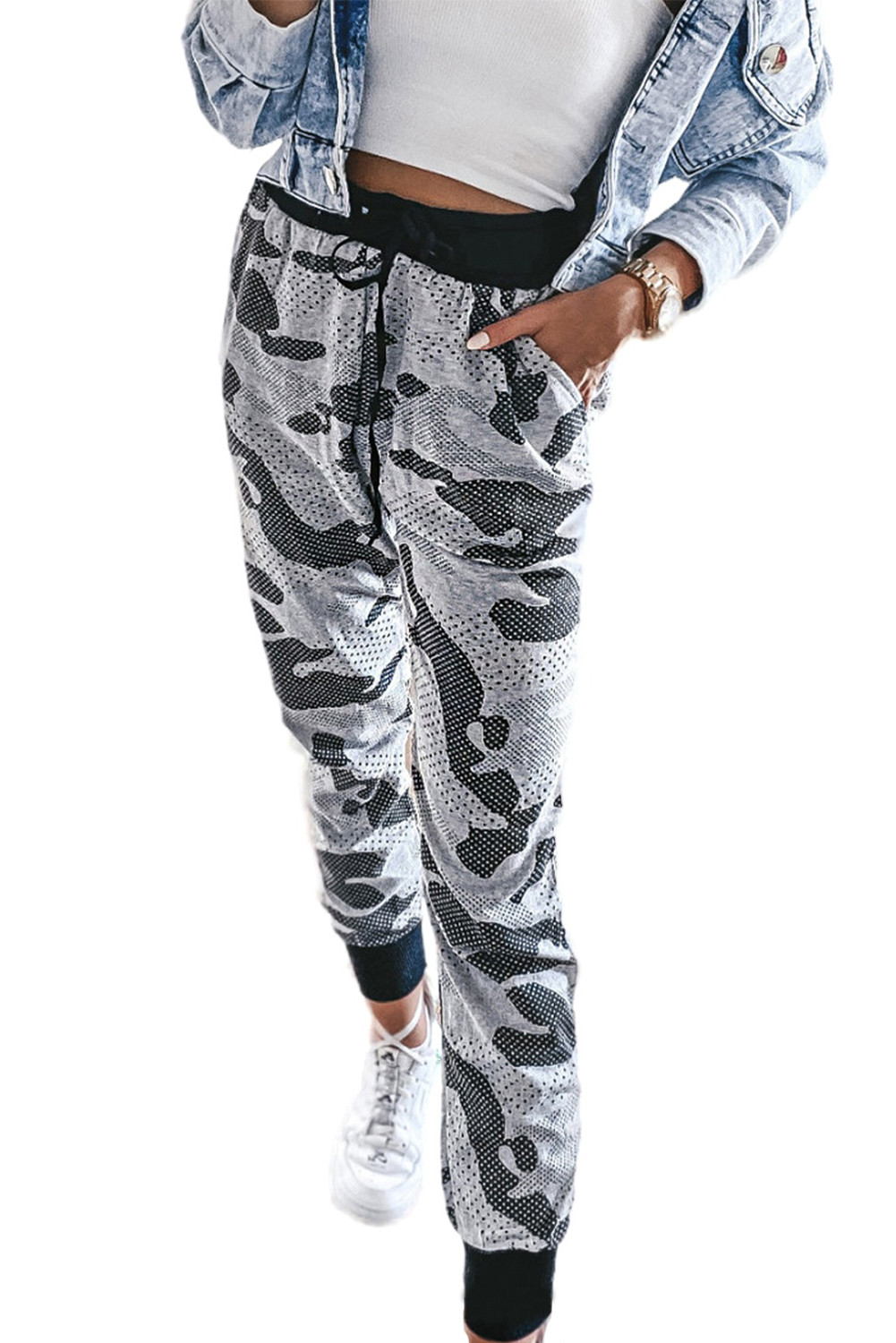 US$7.98 Gray Camo Print Drawstring Waist Joggers Wholesale - www.dear-lover.com