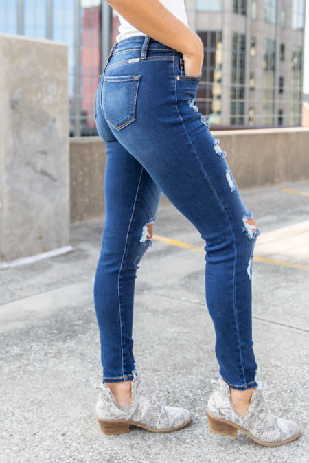 US$9.9 Dark Blue Cut-out Skinny Jeans Wholesale - www.dear-lover.com