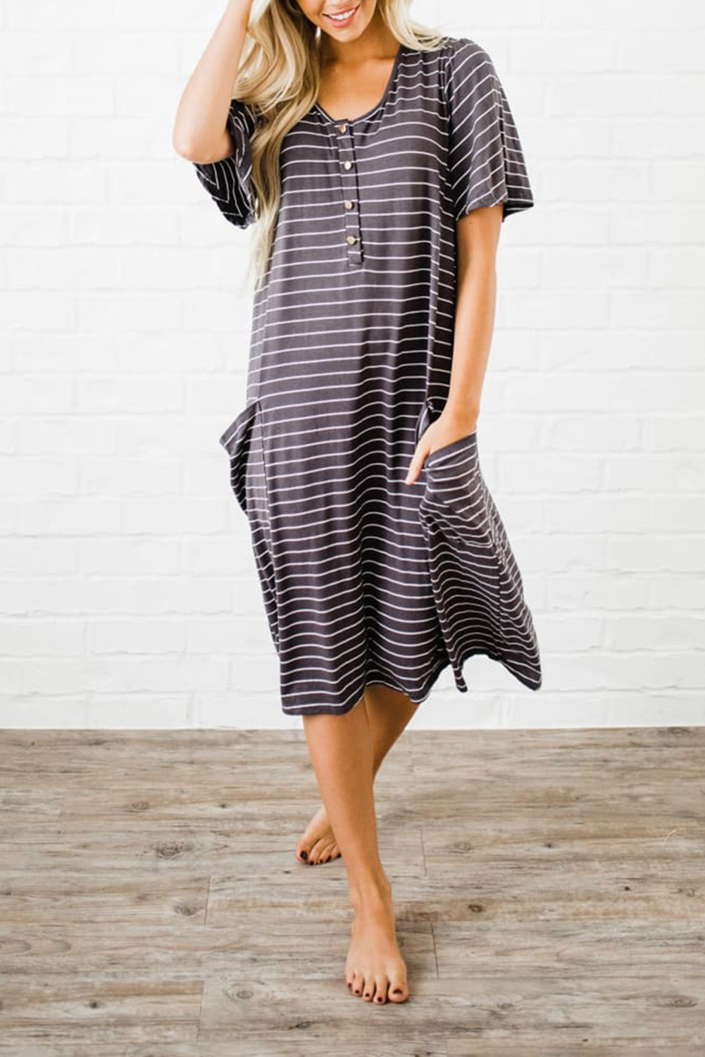 US8.8 Gray Striped Pocketed Sleep Dress Wholesale Online
