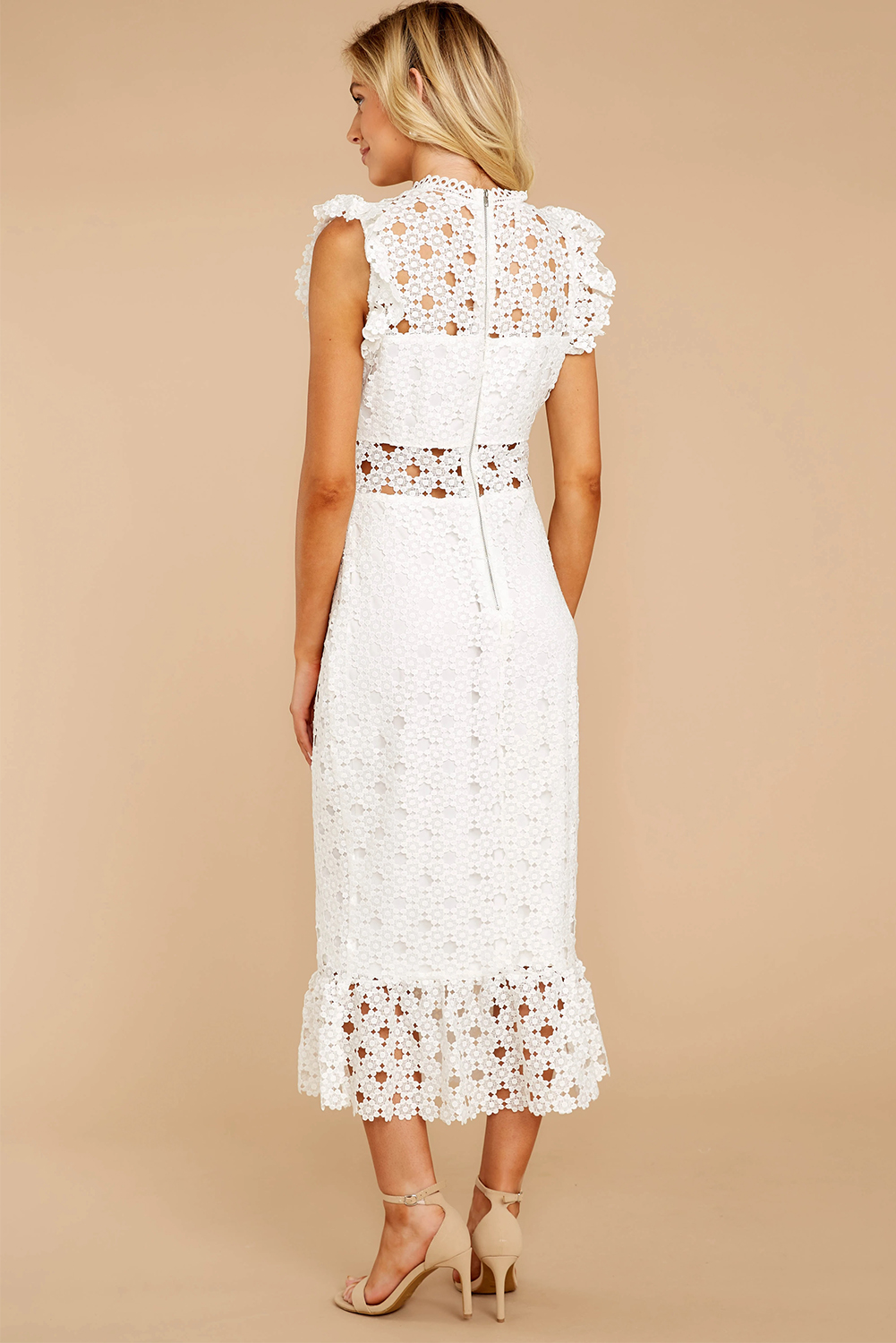 US$9.9 White Crochet Hollow-out Midi Dress Wholesale - Www.dear-lover.com