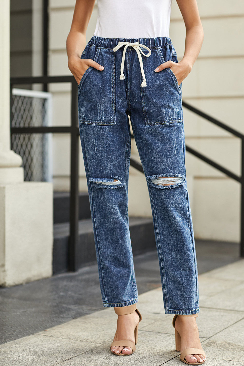 distressed pocketed denim joggers