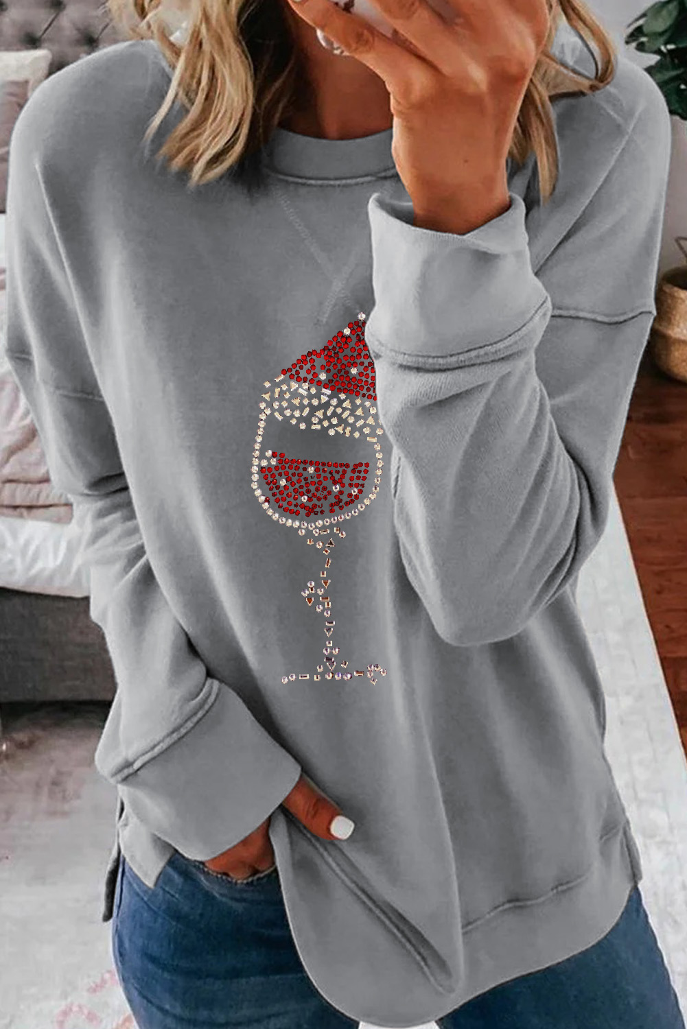 Gray Dropped Sleeve Fashion Print Christmas Sweatshirt  - (US 4-6)S