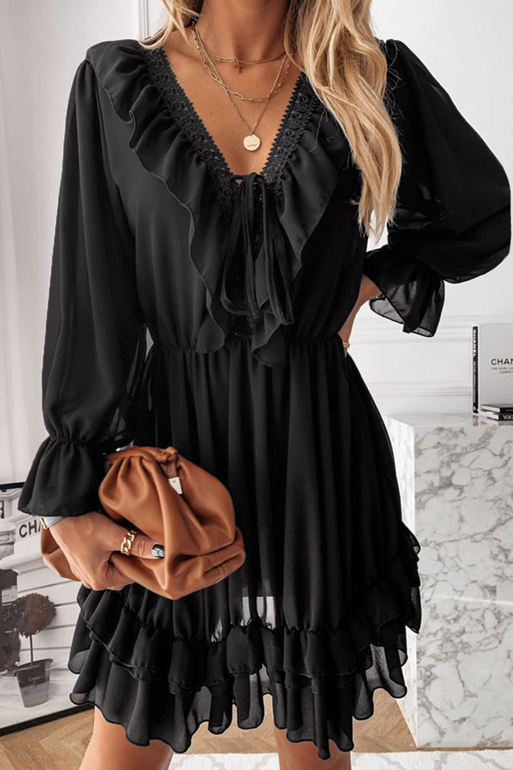 Black Lacy V Neck Ruffled Mini Dress - (US 16-18)XL