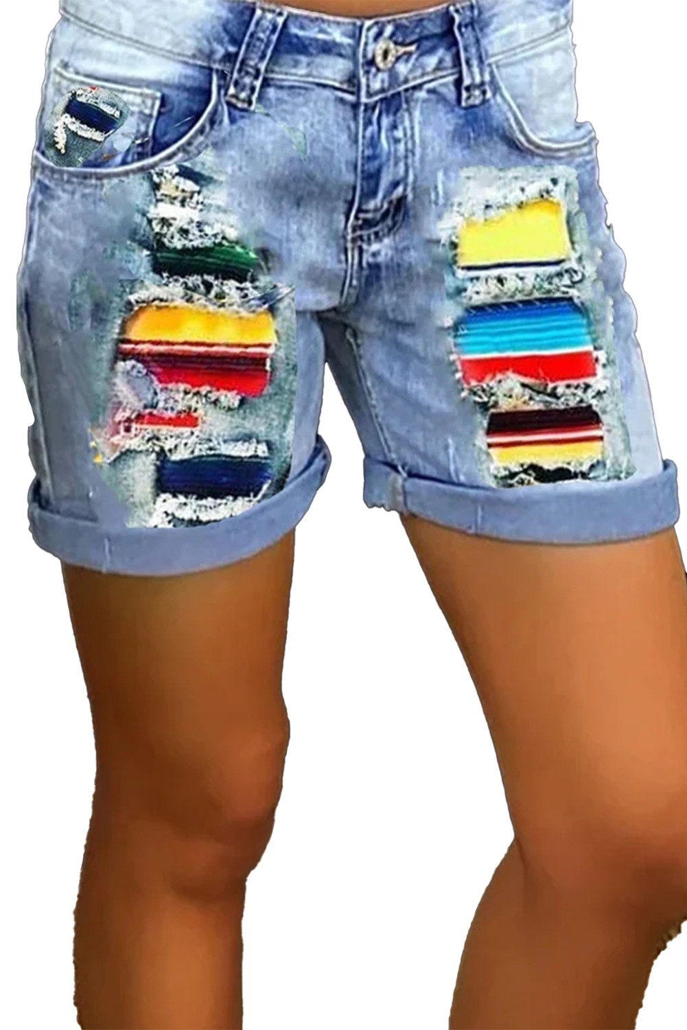 US$8.8 Colorblock Patches Blue Denim Shorts Wholesale Online