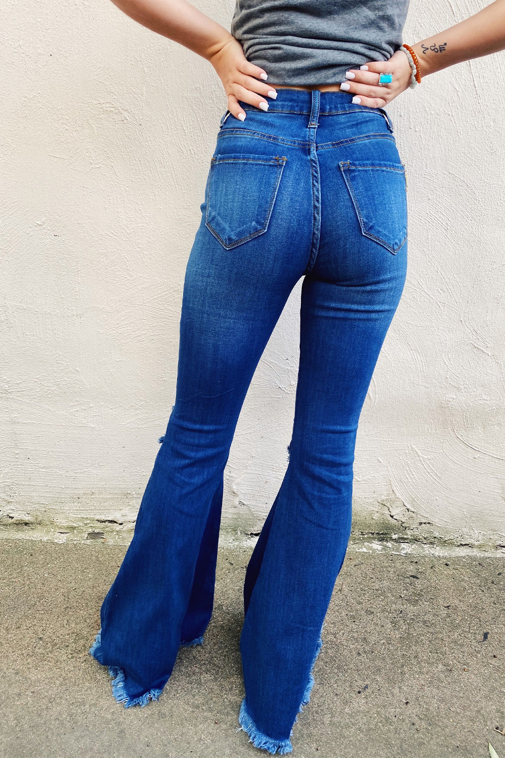 US$10.98 Blue Frayed Hem Flare Jeans Wholesale Online