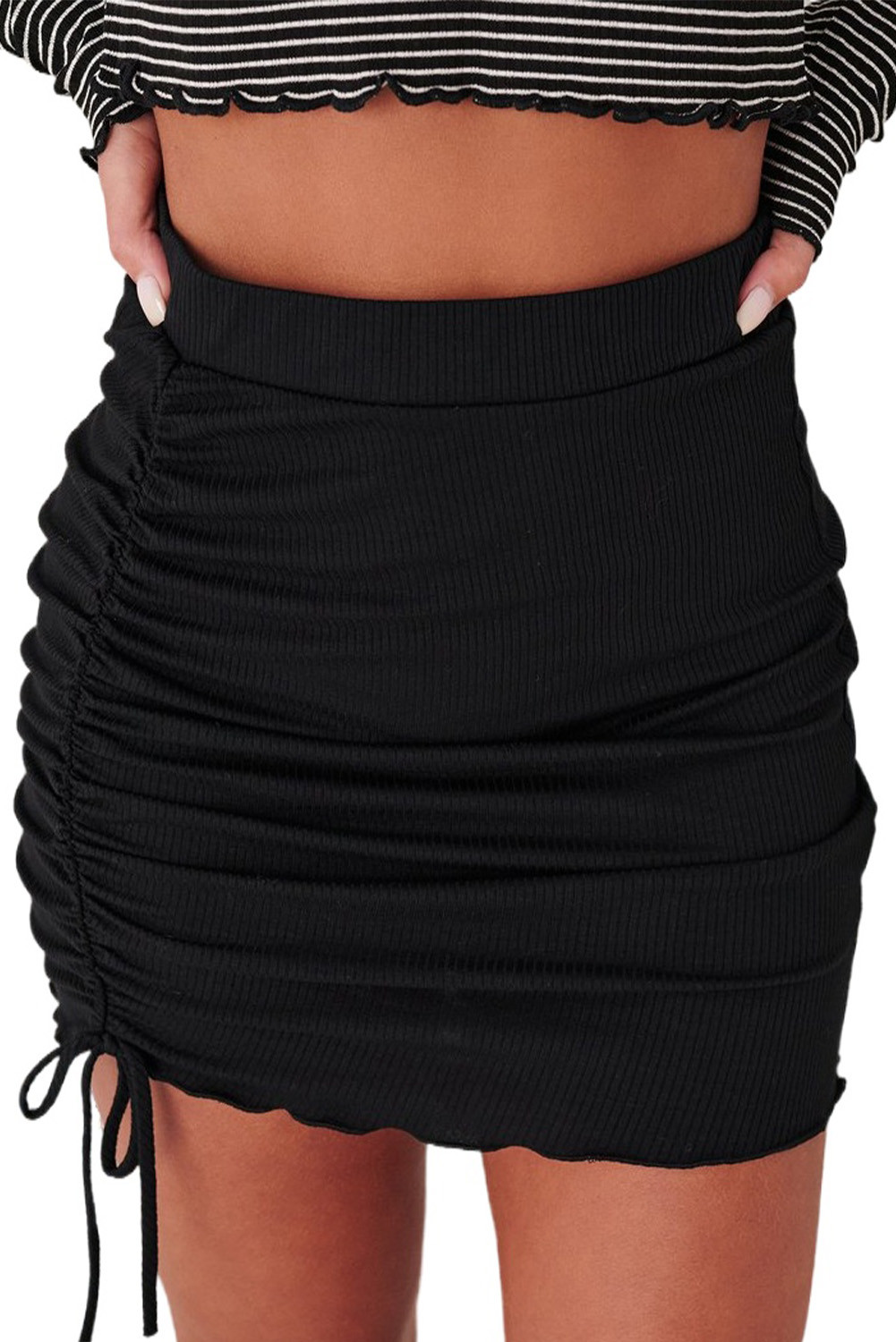 US5.98 Black Elastic Waistband Ruched Side Ribbed Knit Mini Skirt